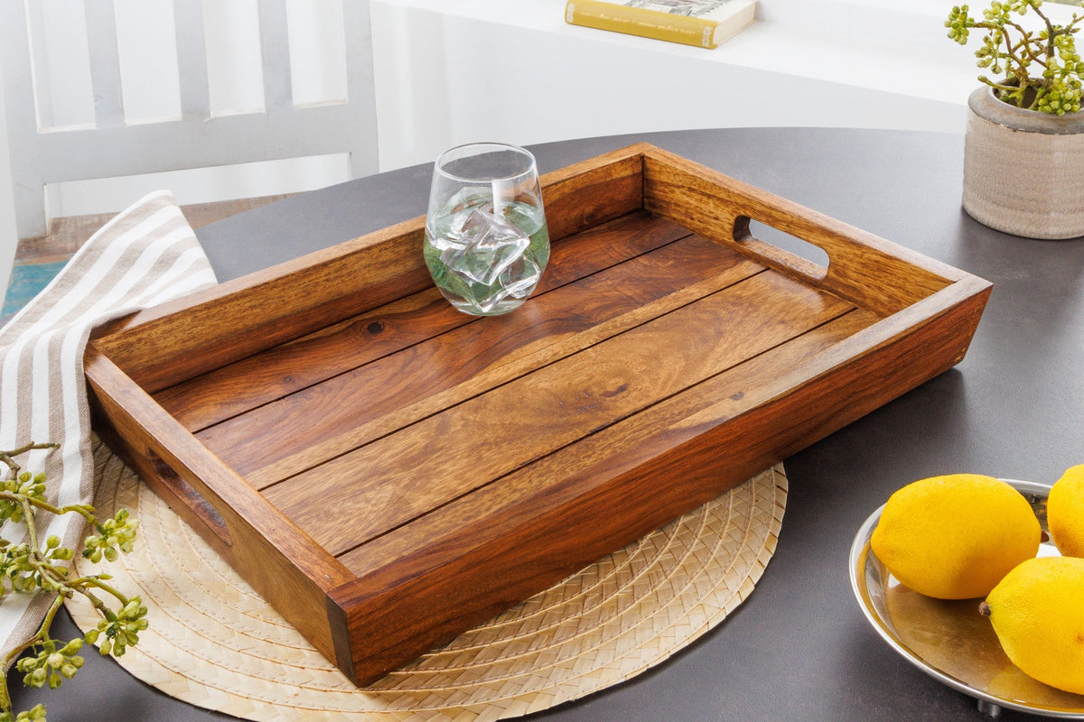 Plateau décoratif MAKASSAR 45cm plateau de service en bois massif Sheesham marron finition pierre