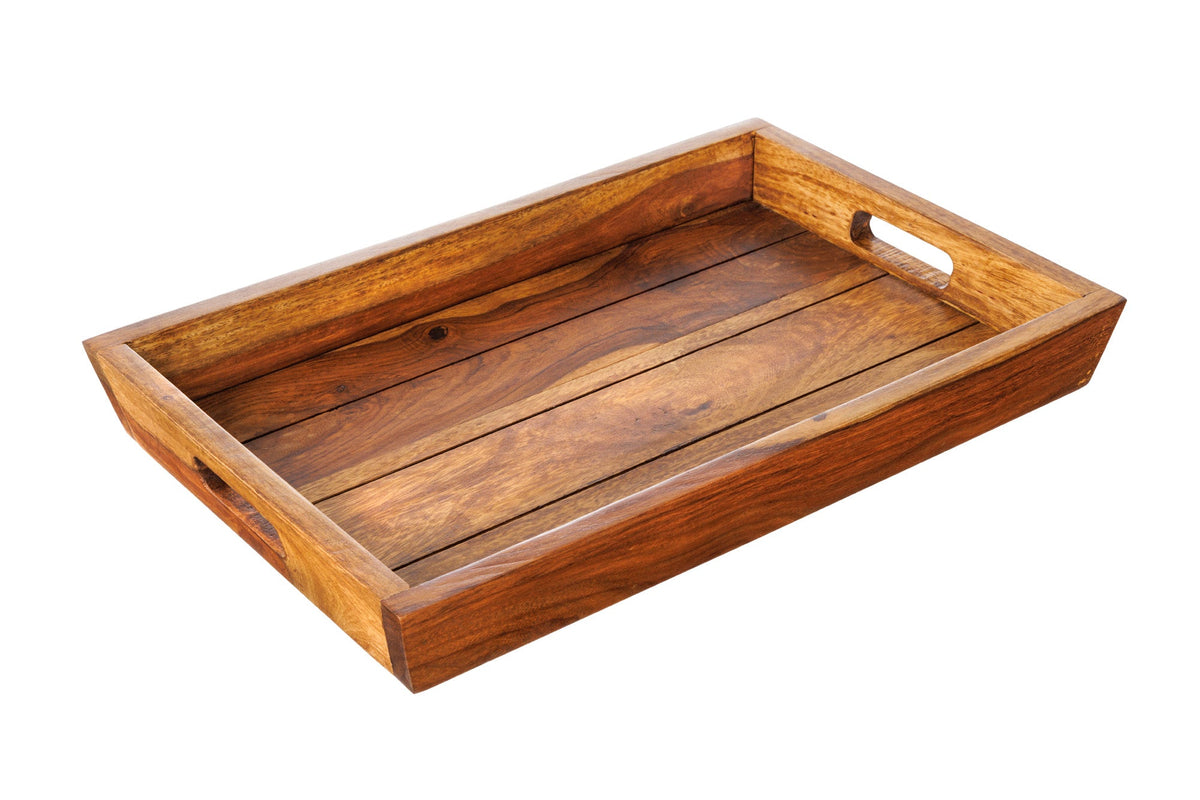 Plateau décoratif MAKASSAR 45cm plateau de service en bois massif Sheesham marron finition pierre