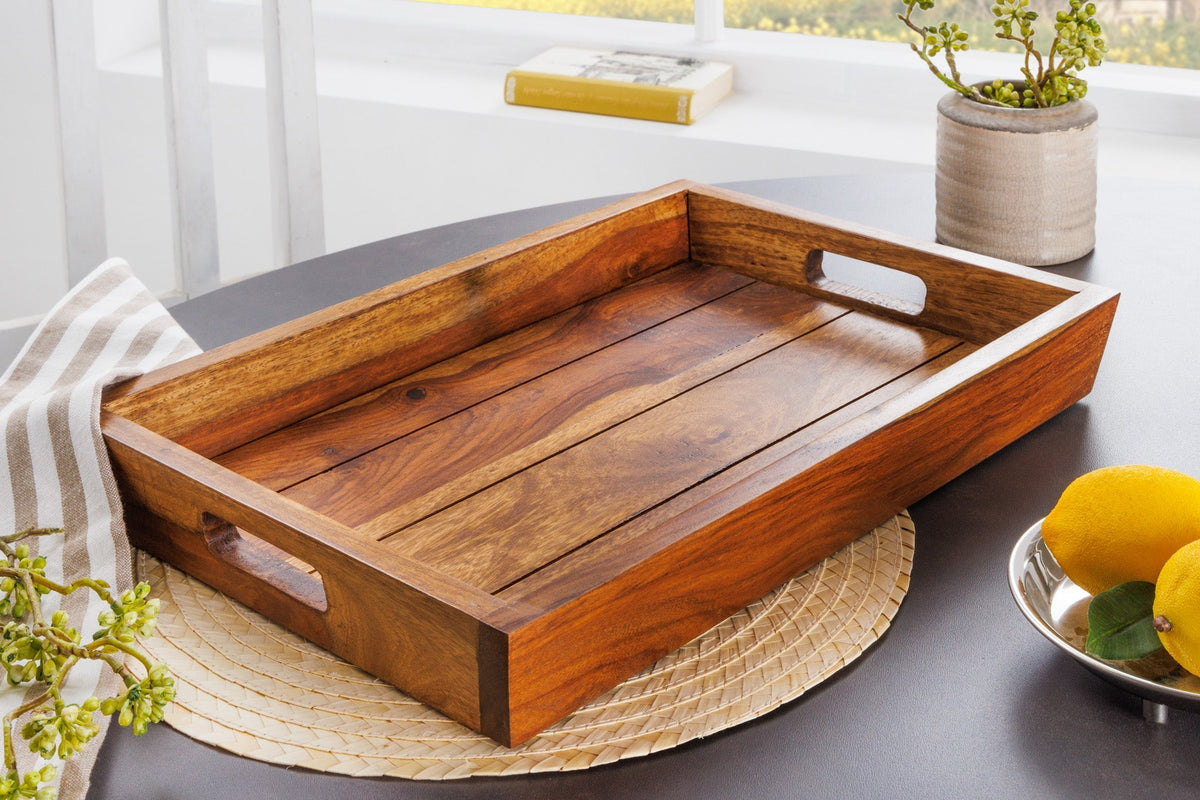 Plateau décoratif MAKASSAR 45cm plateau de service en bois massif Sheesham marron finition pierre