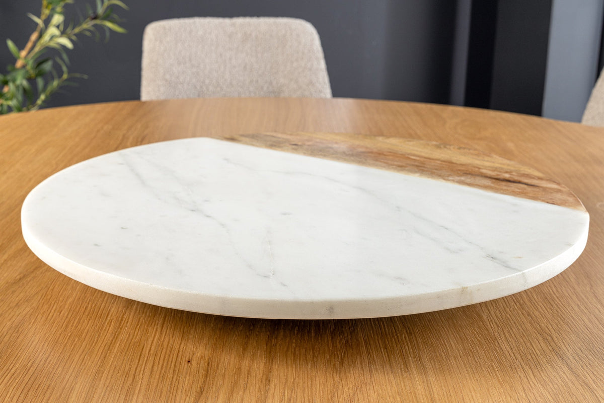 Plateau tournant fait main SERVANT 50cm marbre naturel blanc assiette décorative en bois de manguier ronde
