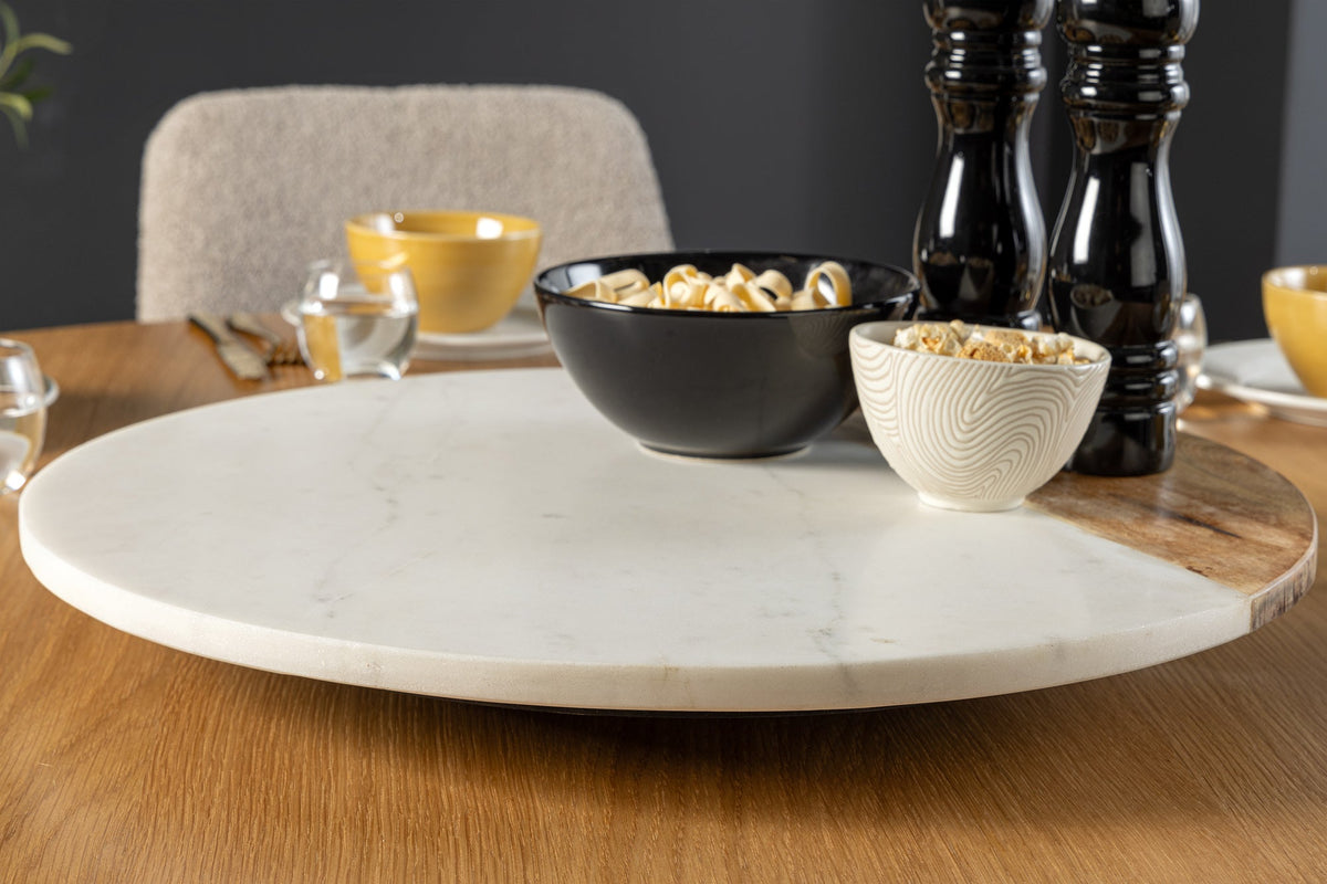 Plateau tournant fait main SERVANT 50cm marbre naturel blanc assiette décorative en bois de manguier ronde