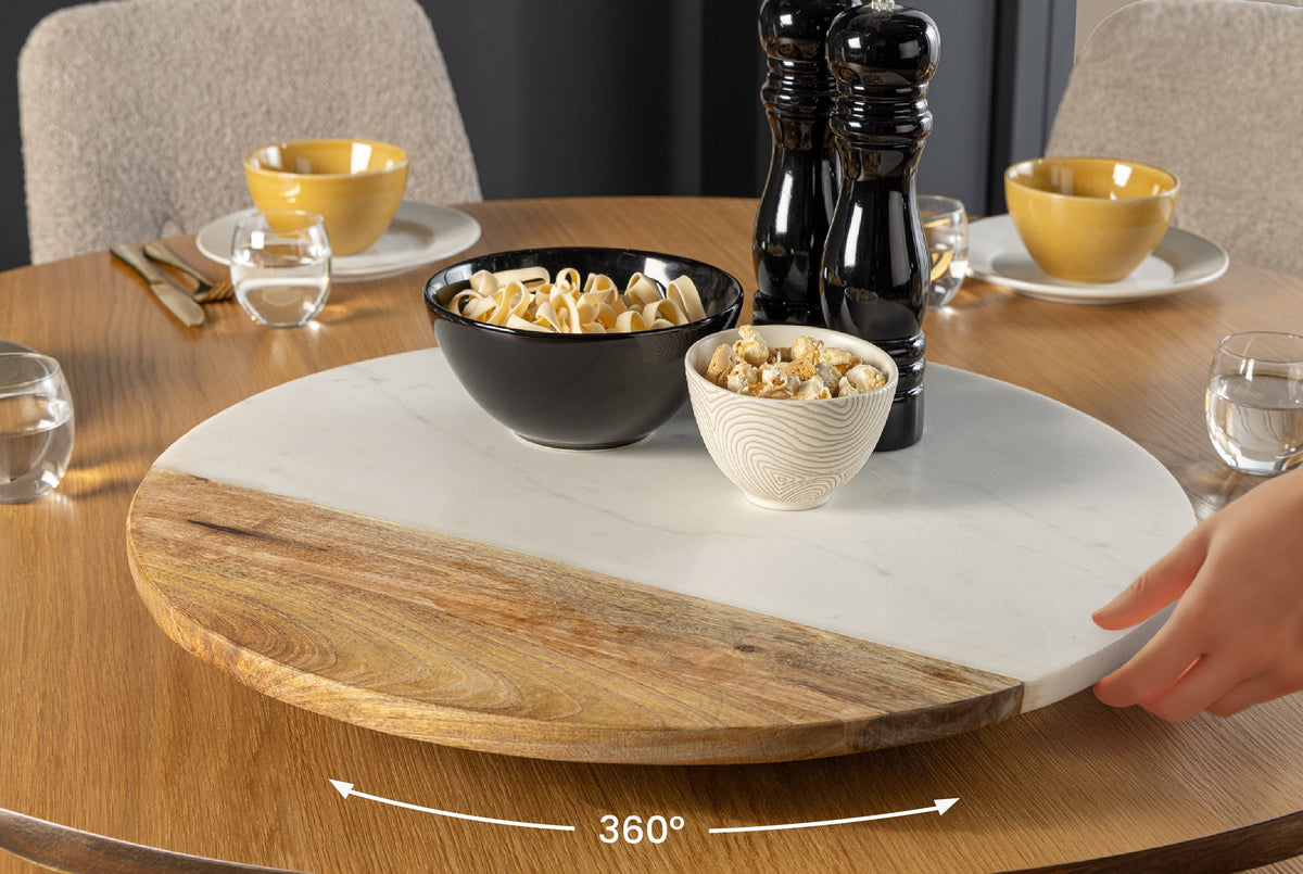 Plateau tournant fait main SERVANT 50cm marbre naturel blanc assiette décorative en bois de manguier ronde