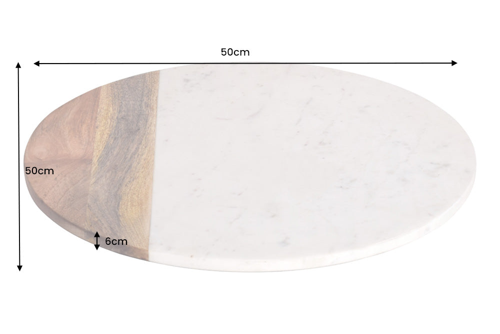 Plateau tournant fait main SERVANT 50cm marbre naturel blanc assiette décorative en bois de manguier ronde