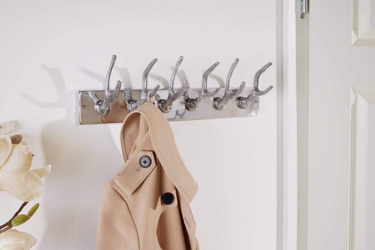 Porte manteau mural décoratif DEER 50cm patère en bois de cerf en aluminium poli argent