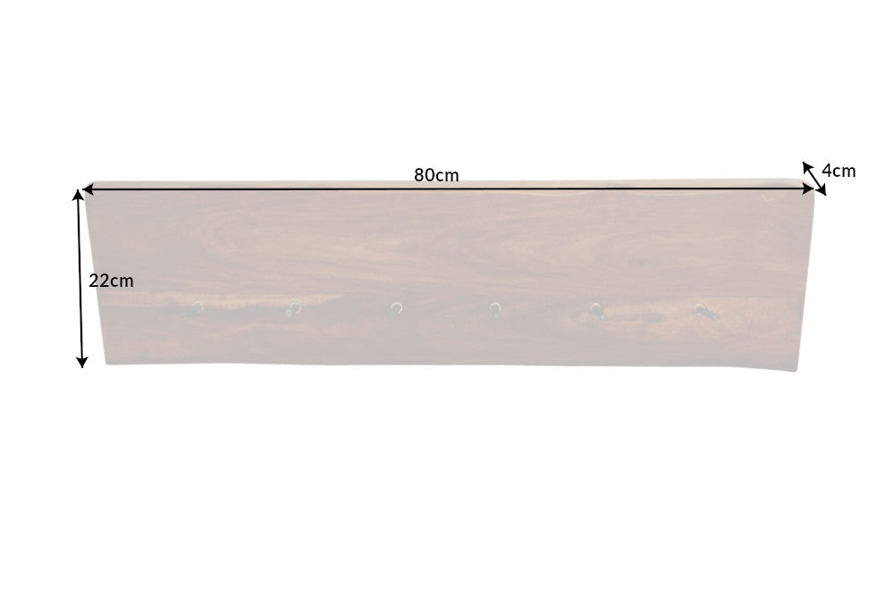 Porte-manteau mural en bois massif MAMMUT 80cm marron finition pierre Sheesham 6 patères
