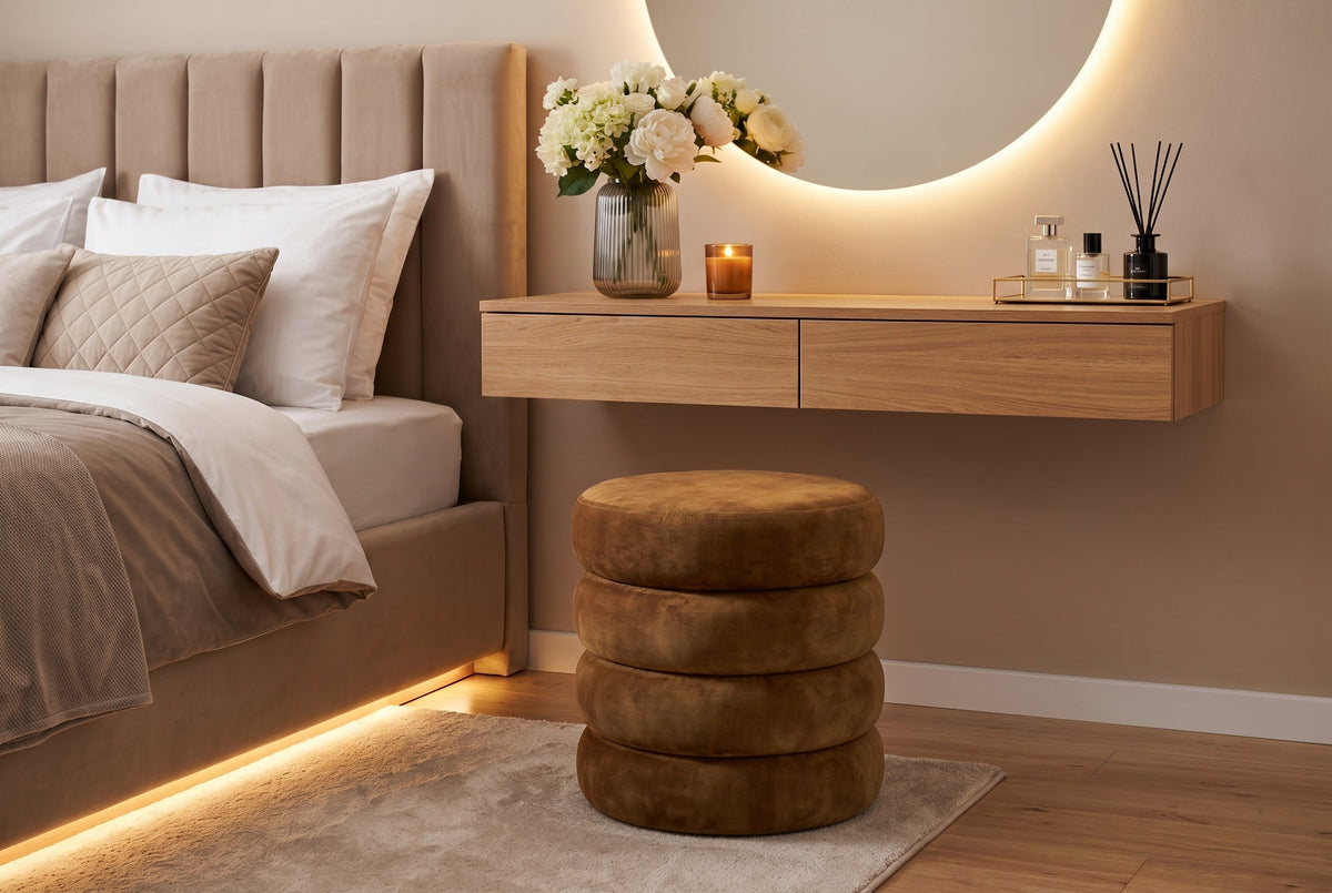 Pouf rembourré rond VOGUE 40cm jaune moutarde velours avec rangement