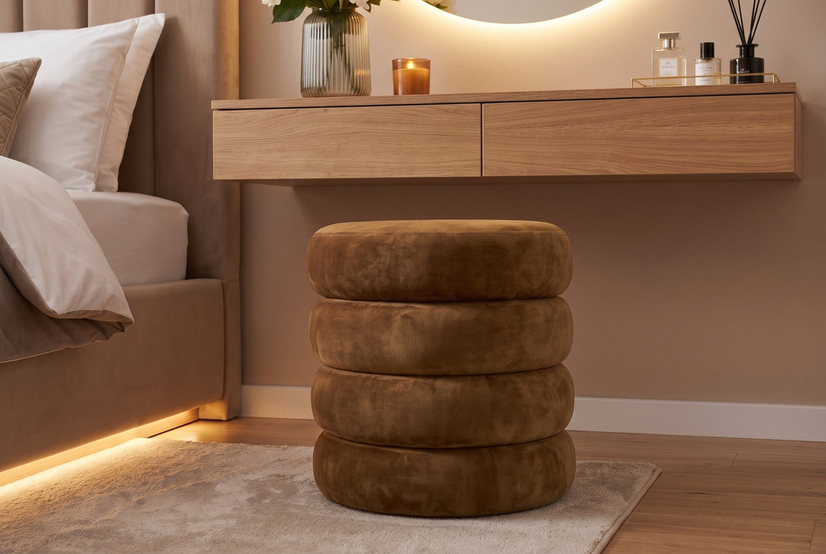 Pouf rembourré rond VOGUE 40cm jaune moutarde velours avec rangement