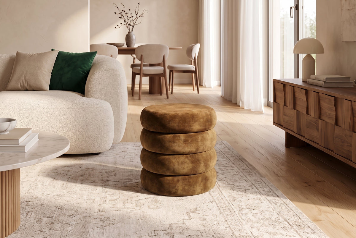 Pouf rembourré rond VOGUE 40cm jaune moutarde velours avec rangement