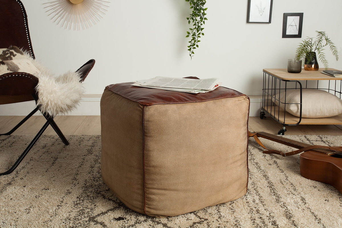 Pouf rétro MUSTANG 45 cm revêtement cuir avec assise en lin