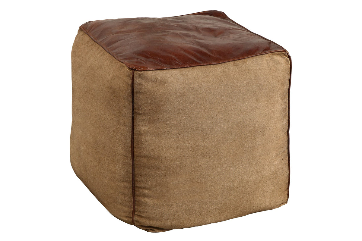 Pouf rétro MUSTANG 45 cm revêtement cuir avec assise en lin