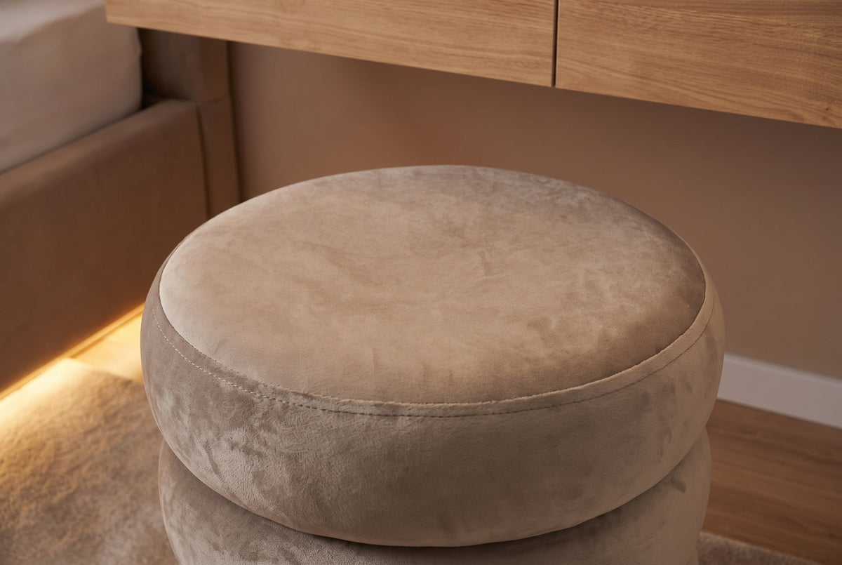 Pouf rond rembourré VOGUE 40cm champagne greige velours avec rangement
