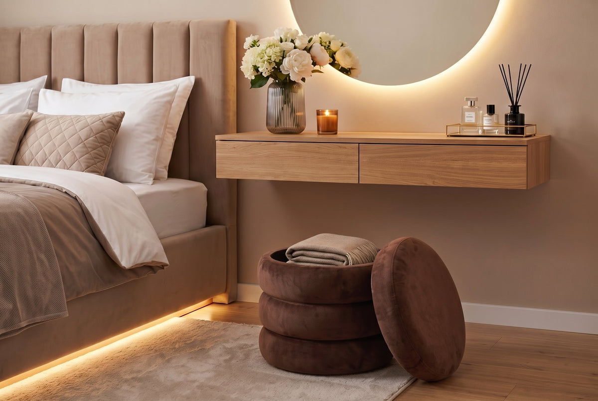 Pouf rond rembourré VOGUE 40cm rouille velours avec rangement