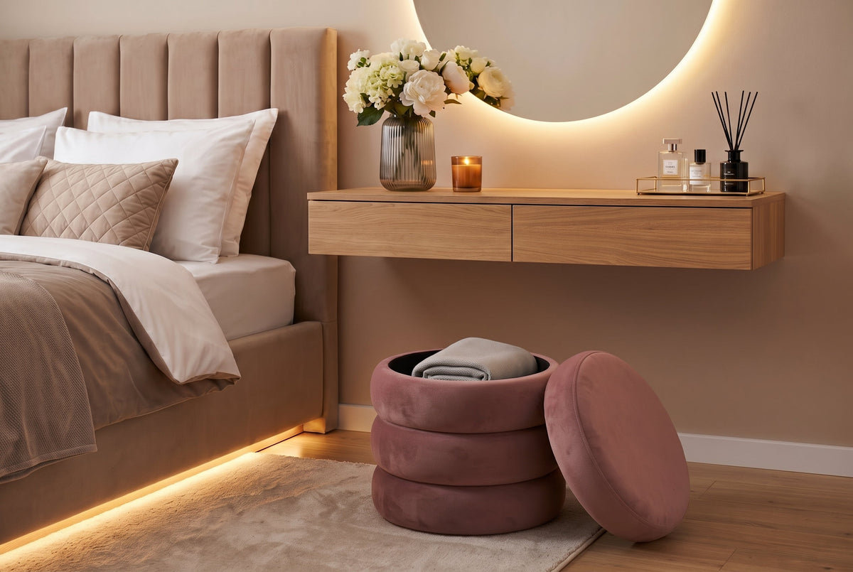 Poufs rembourrés ronds VOGUE 40cm rose velours avec rangement
