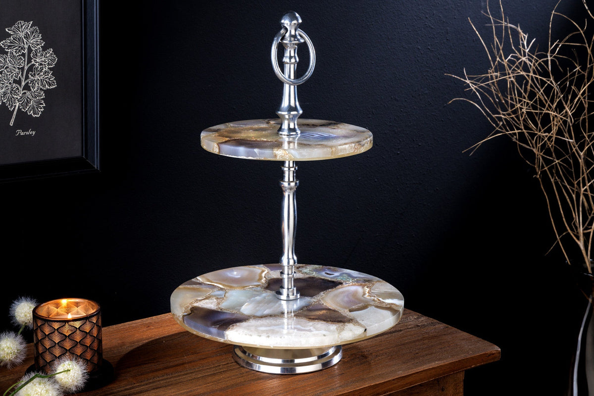 Présentoir à gâteau décoratif NOBLE 35cm argent pierre précieuse fait main agate quartz aluminium