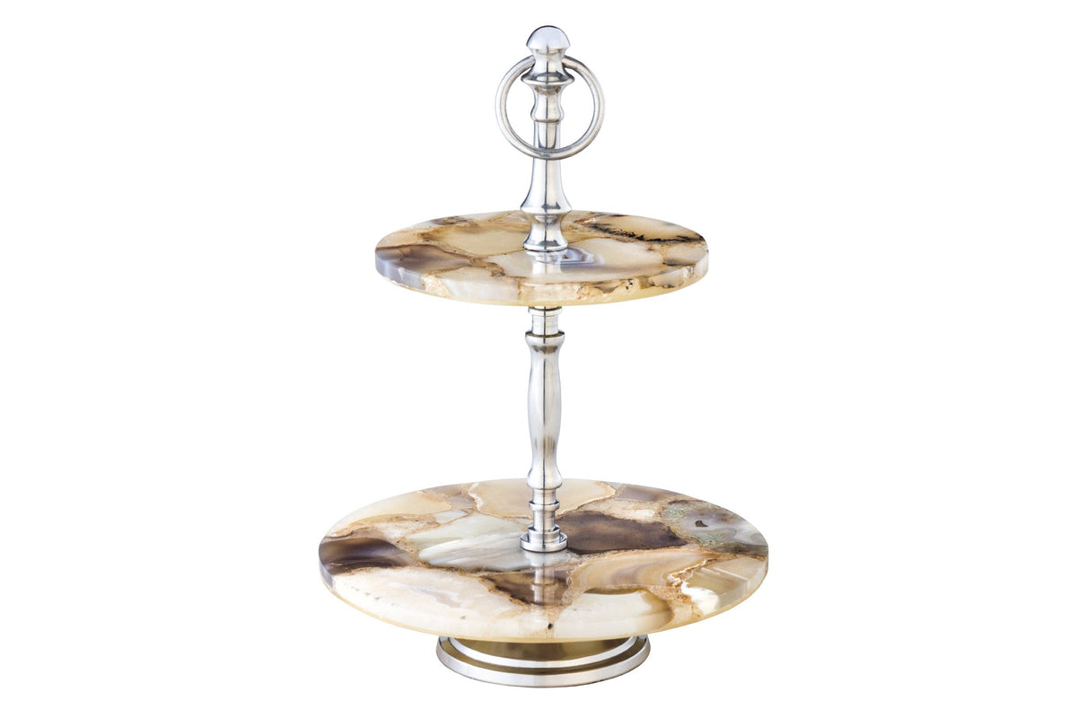 Présentoir à gâteau décoratif NOBLE 35cm argent pierre précieuse fait main agate quartz aluminium