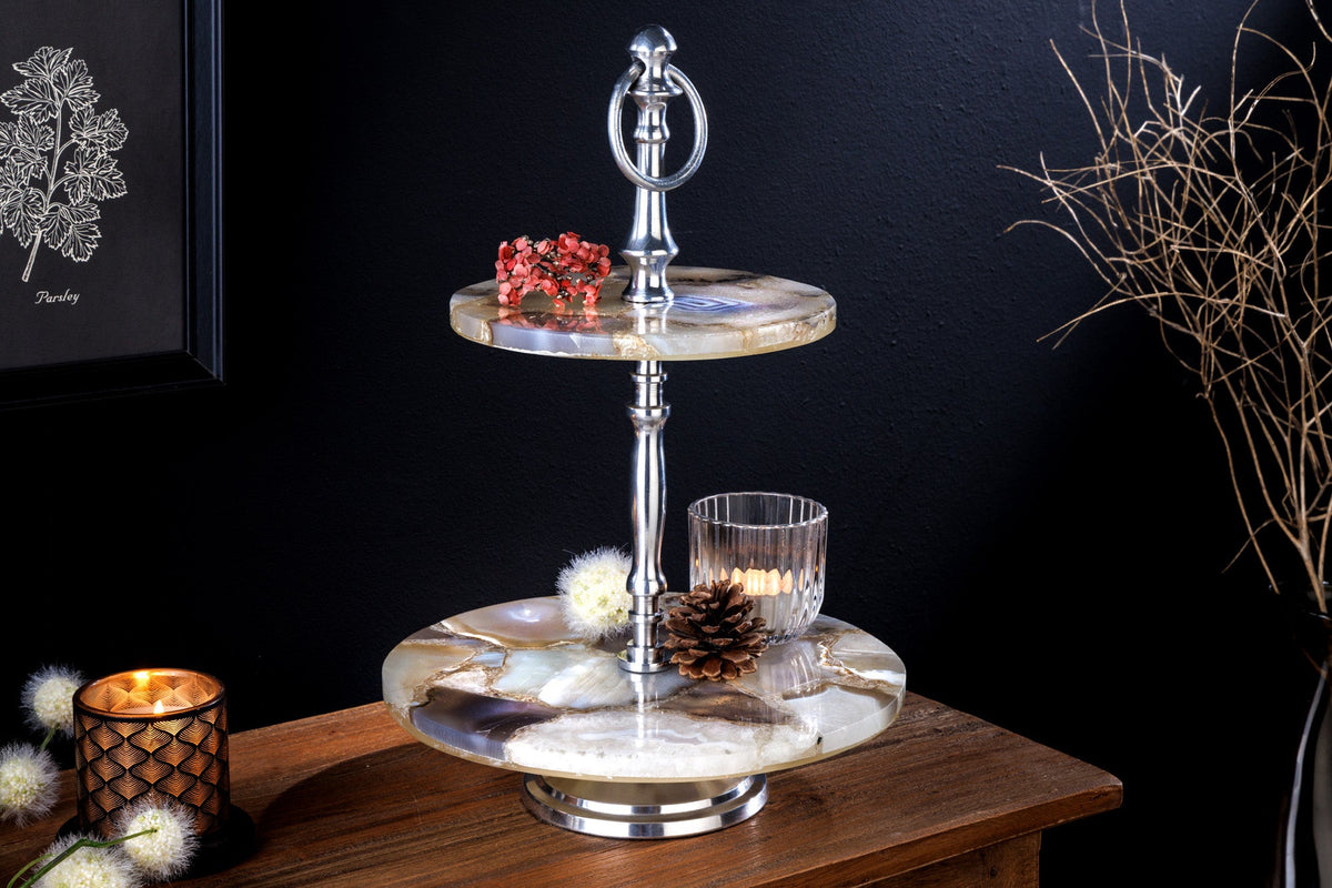Présentoir à gâteau décoratif NOBLE 35cm argent pierre précieuse fait main agate quartz aluminium