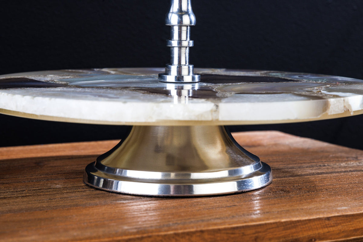 Présentoir à gâteau décoratif NOBLE 35cm argent pierre précieuse fait main agate quartz aluminium