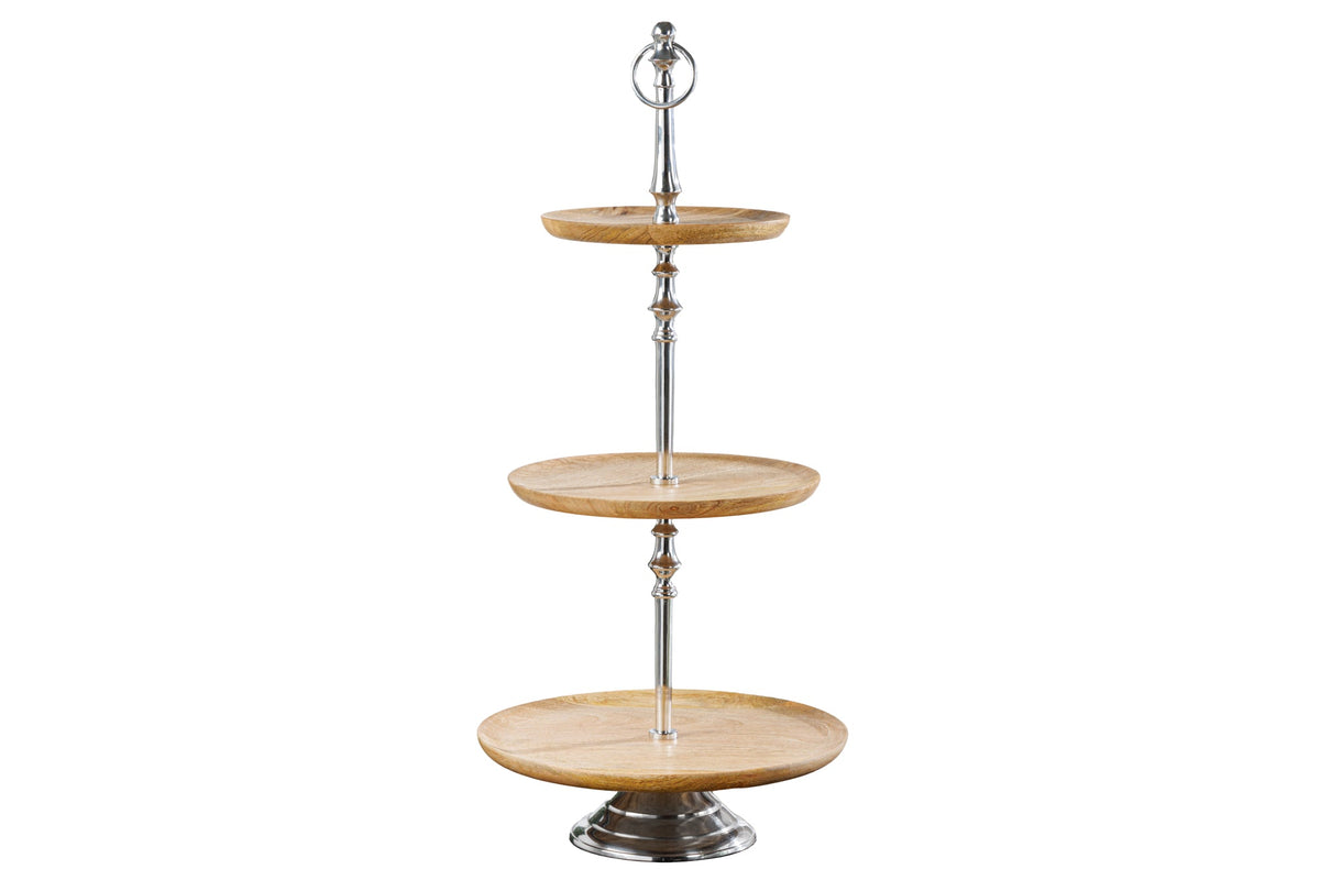 Présentoir à gâteaux décoratif PURE NATURE 68cm bois de manguier argenté fait main trois niveaux