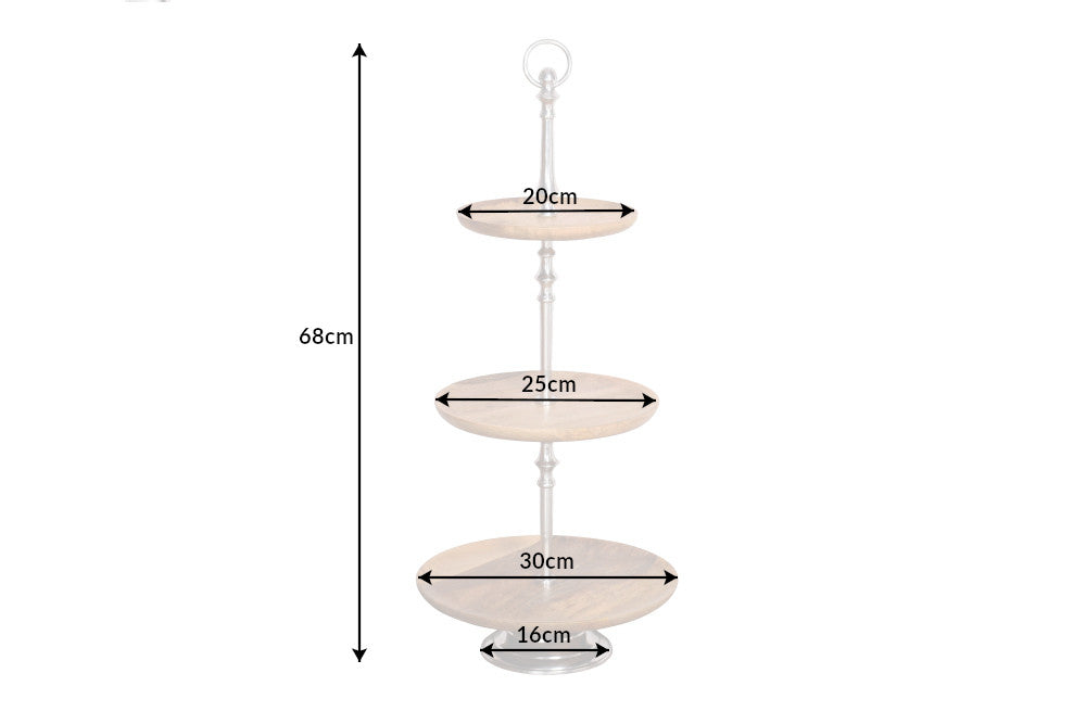Présentoir à gâteaux décoratif PURE NATURE 68cm bois de manguier argenté fait main trois niveaux