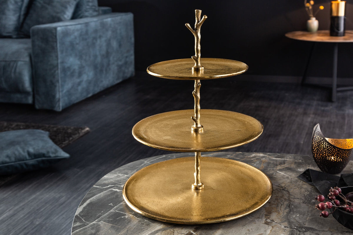 Présentoir à gâteaux design ABSTRAIT 50cm en métal doré à trois niveaux