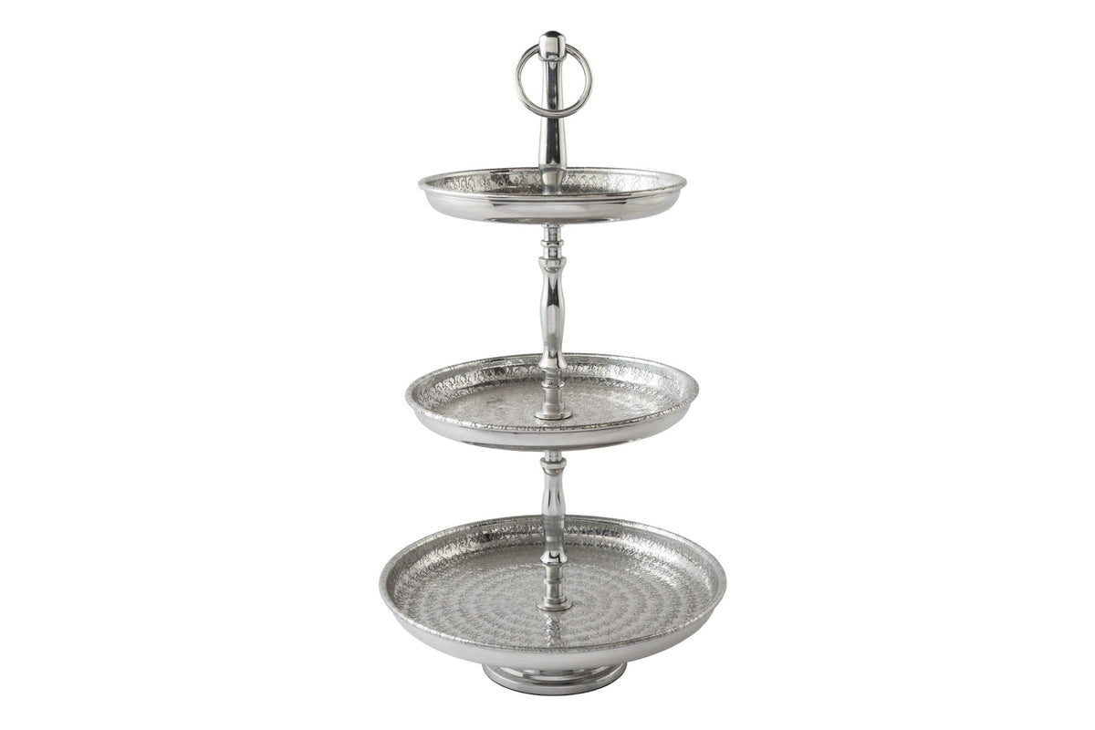 Présentoir à gâteaux design ORIENT 50cm argent finition marteau sauvage à trois niveaux