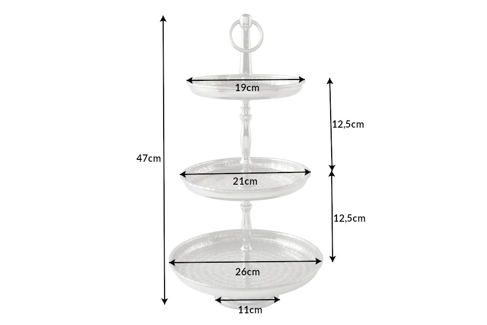 Présentoir à gâteaux design ORIENT 50cm argent finition marteau sauvage à trois niveaux
