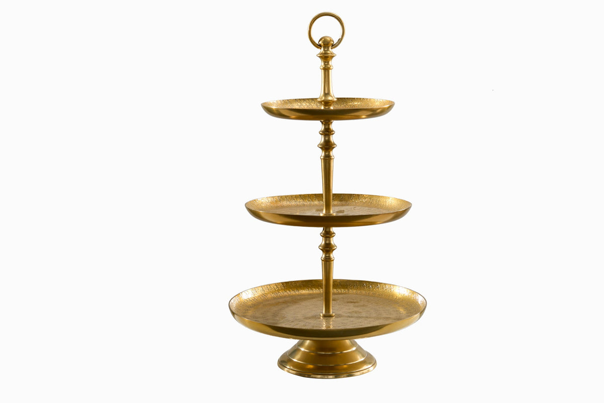 Présentoir à gâteaux design ORIENT 50cm doré finition marteau sauvage à trois niveaux