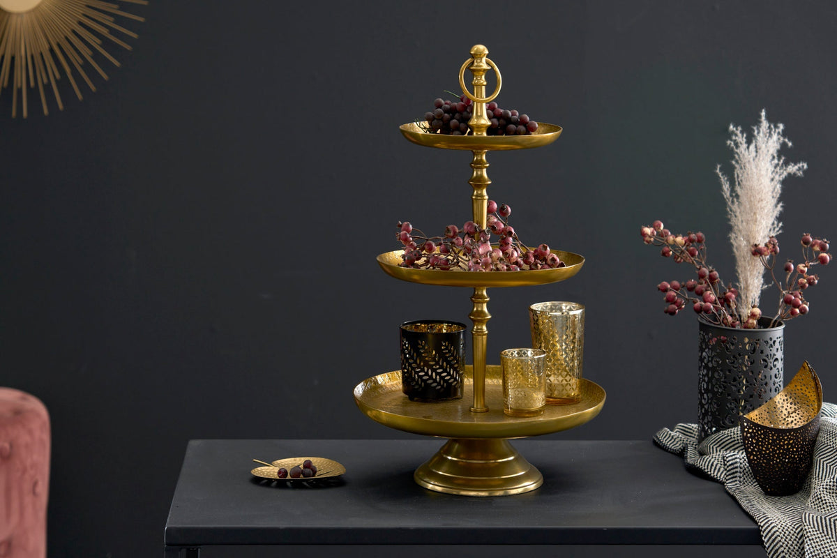 Présentoir à gâteaux design ORIENT 50cm doré finition marteau sauvage à trois niveaux