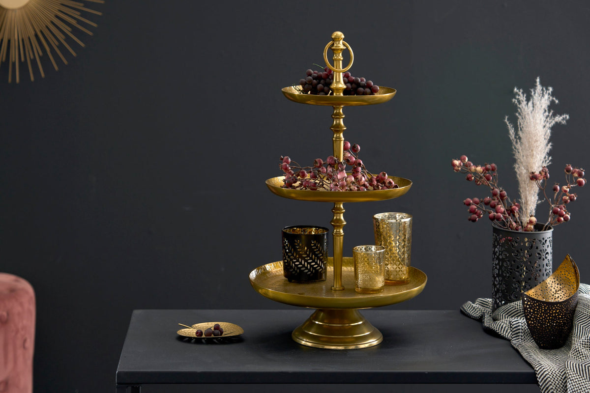 Présentoir à gâteaux design ORIENT 50cm doré finition marteau sauvage à trois niveaux