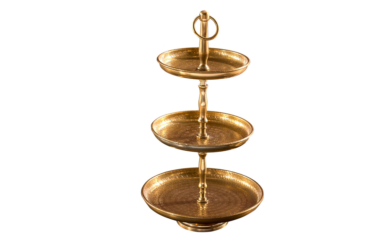 Présentoir à gâteaux design ORIENT 50cm doré finition marteau sauvage à trois niveaux