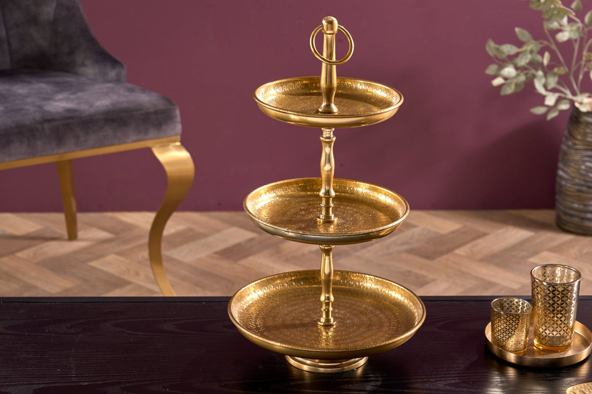 Présentoir à gâteaux design ORIENT 50cm doré finition marteau sauvage à trois niveaux