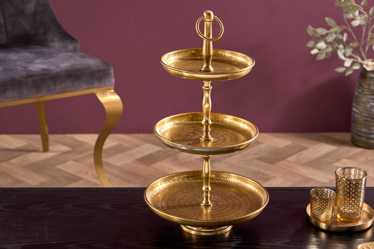 Présentoir à gâteaux design ORIENT 50cm doré finition marteau sauvage à trois niveaux