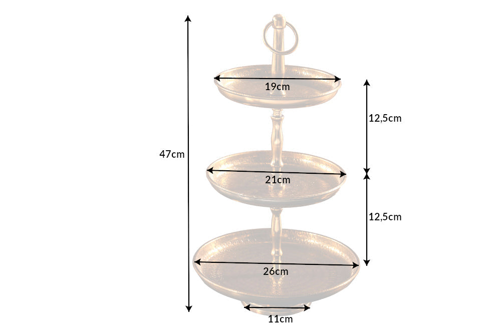 Présentoir à gâteaux design ORIENT 50cm doré finition marteau sauvage à trois niveaux