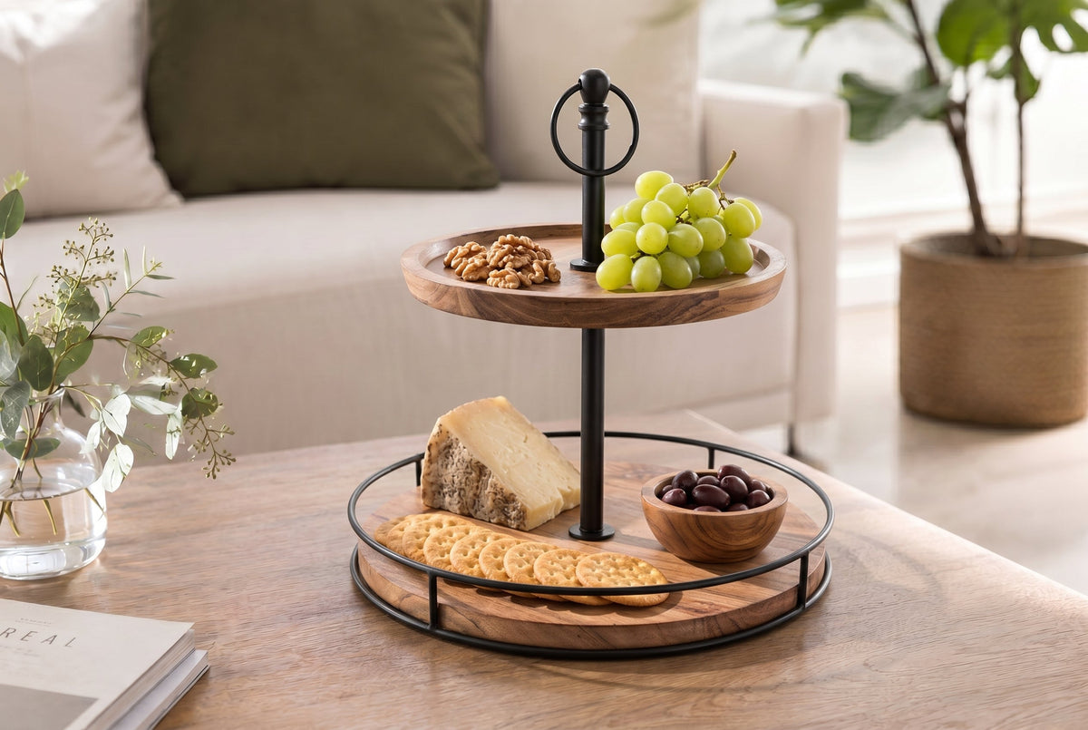 Présentoir à gâteaux en bois massif PURE NATURE 40cm manguier rond à deux niveaux en métal noir