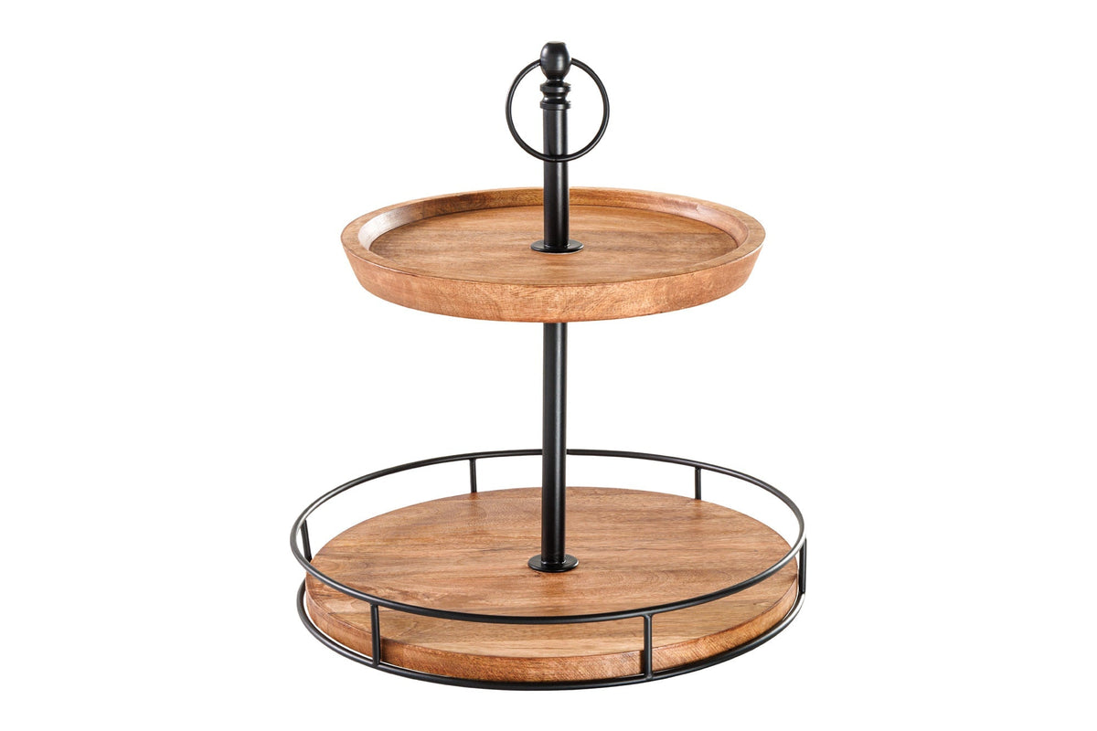 Présentoir à gâteaux en bois massif PURE NATURE 40cm manguier rond à deux niveaux en métal noir