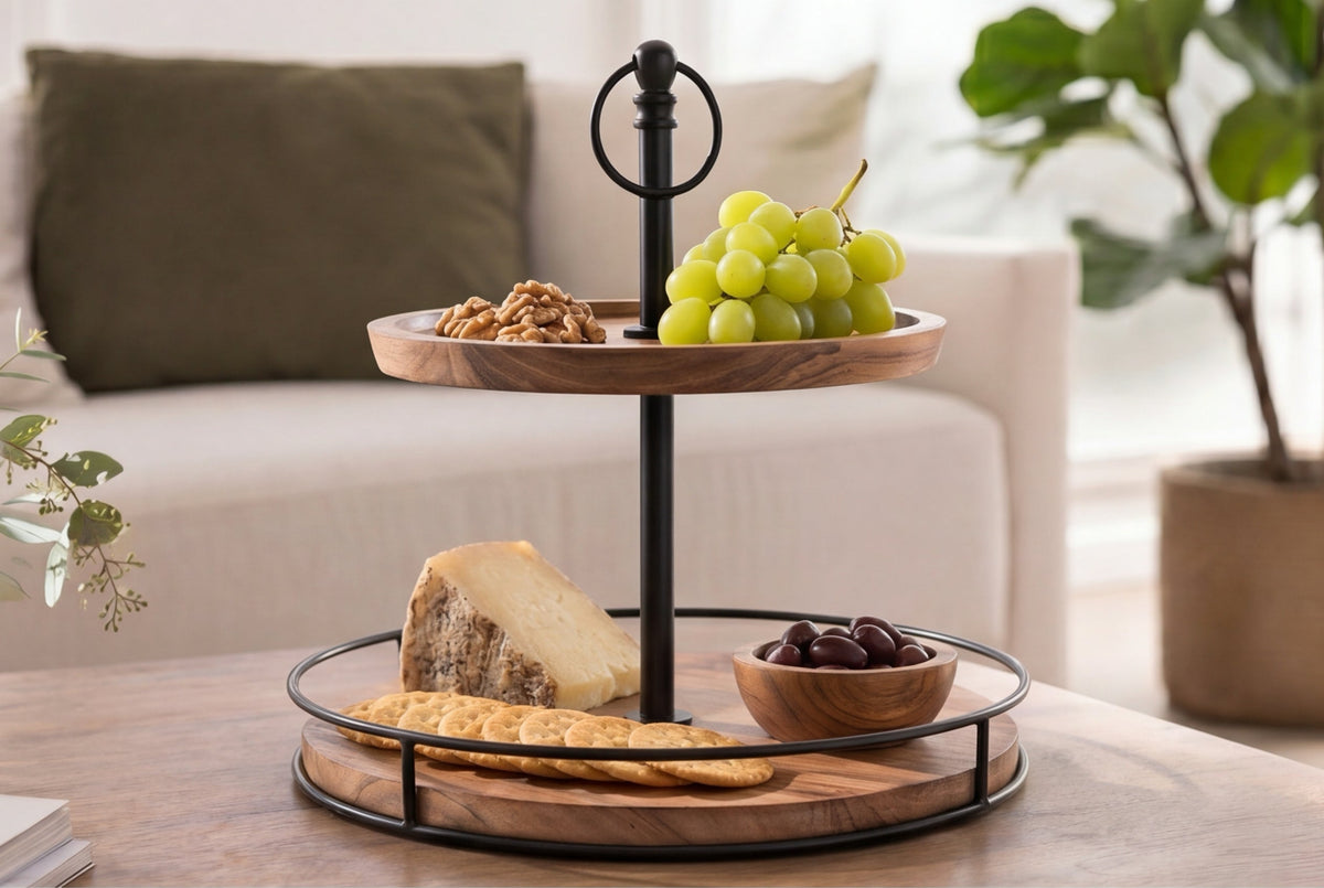 Présentoir à gâteaux en bois massif PURE NATURE 40cm manguier rond à deux niveaux en métal noir