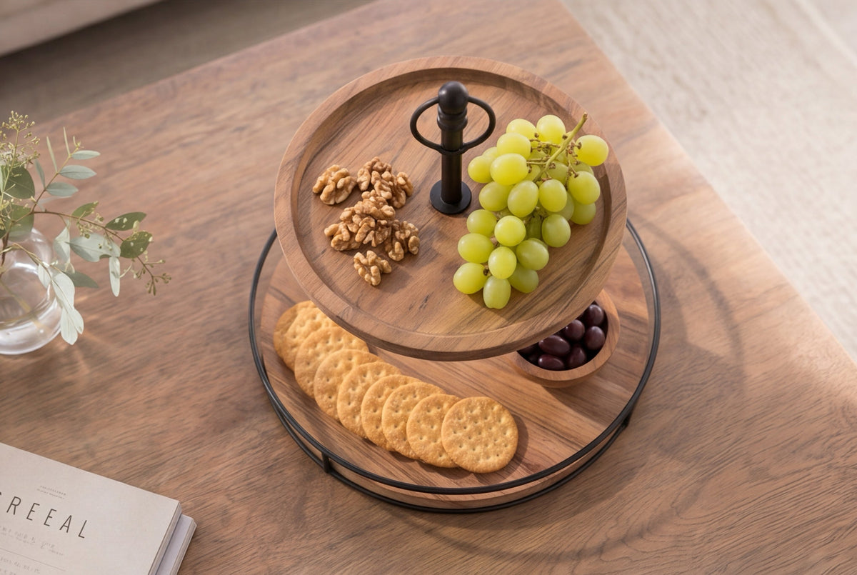 Présentoir à gâteaux en bois massif PURE NATURE 40cm manguier rond à deux niveaux en métal noir