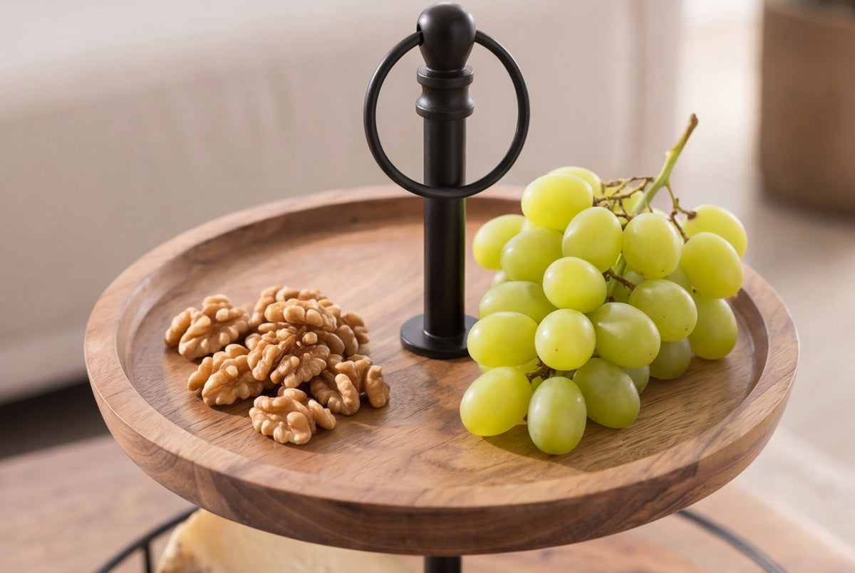 Présentoir à gâteaux en bois massif PURE NATURE 40cm manguier rond à deux niveaux en métal noir