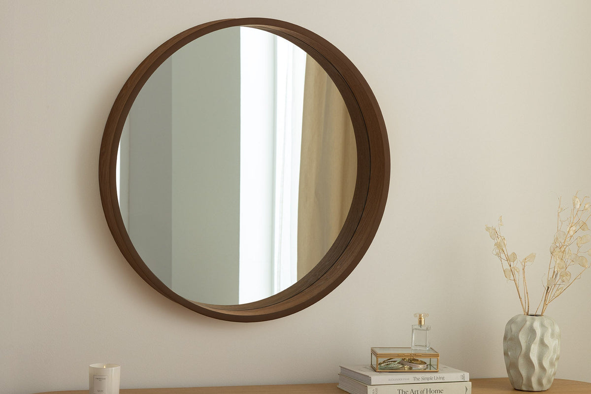 Runder Wandspiegel PORTRAIT 70cm braun Echtholzfurnier in Walnussholz-Design
