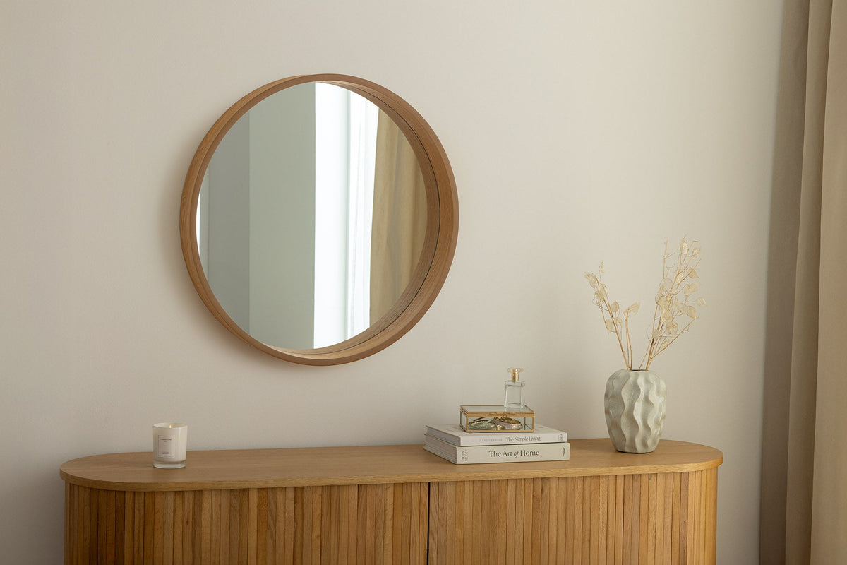 Runder Wandspiegel PORTRAIT 70cm natur Echtholzfurnier in Eichenholz-Design
