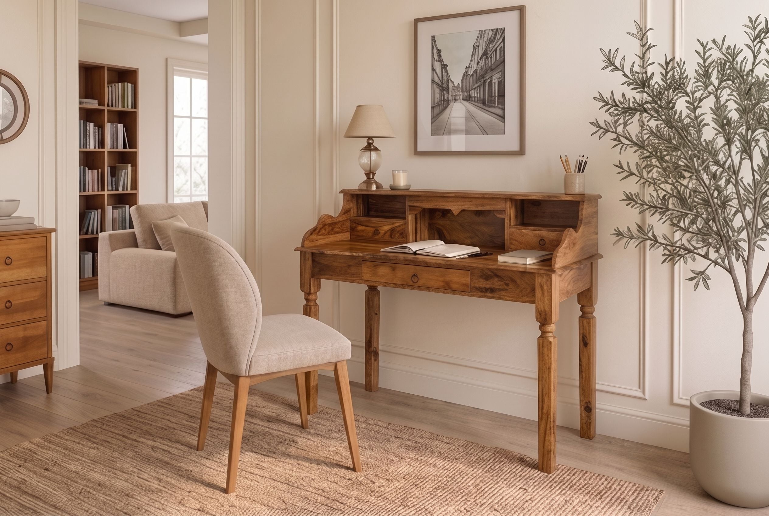 Secrétaire design HEMINGWAY L 115cm bureau bois massif sheesham marron finition pierre