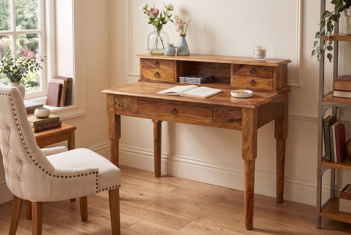 Secrétaire design HEMINGWAY M Bureau 90cm en bois massif sheesham marron finition pierre