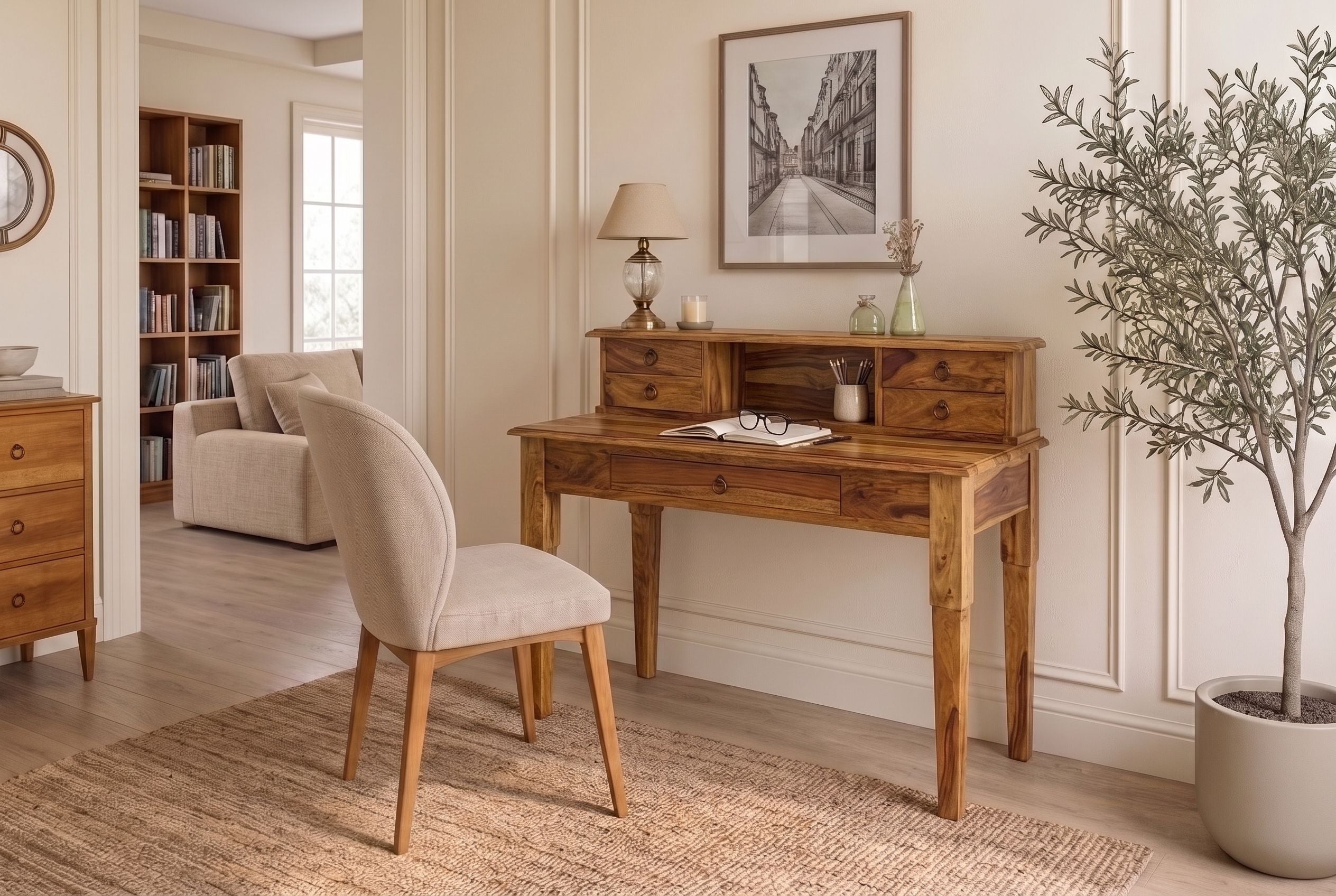 Secrétaire design HEMINGWAY M Bureau 90cm en bois massif sheesham marron finition pierre