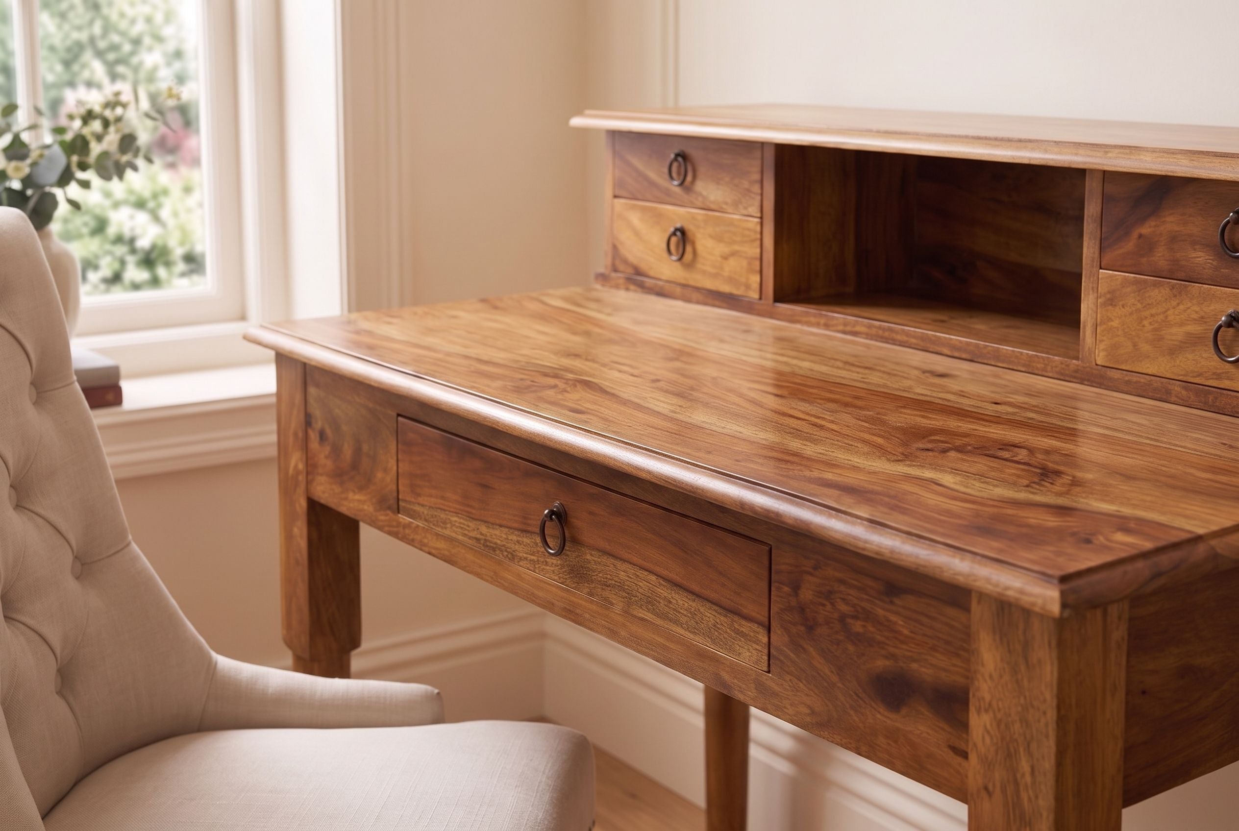 Secrétaire design HEMINGWAY M Bureau 90cm en bois massif sheesham marron finition pierre