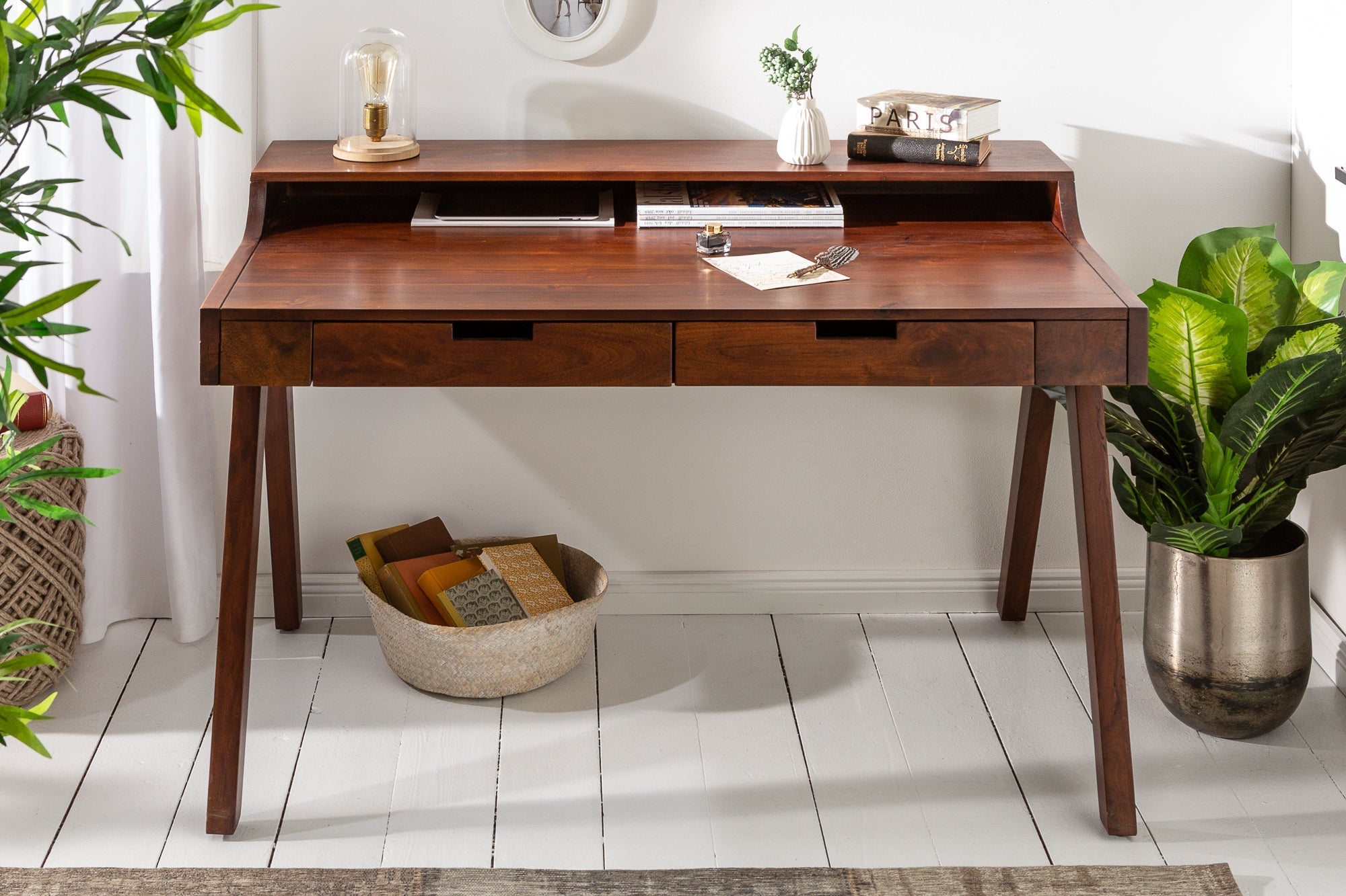 Secrétaire massif MONSOON 120cm bureau en acacia finition frappante