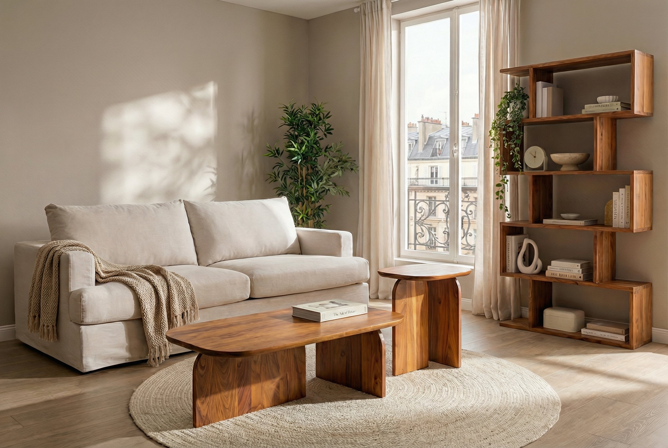Set de 2 tables basses GATSBY 100 cm en bois d’acacia brun, forme organique, table d’appoint