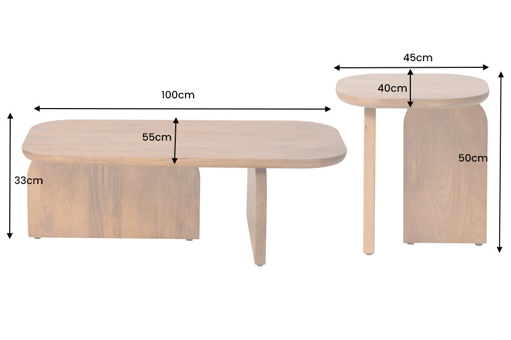 Set de 2 tables basses GATSBY 100 cm en bois d’acacia brun, forme organique, table d’appoint
