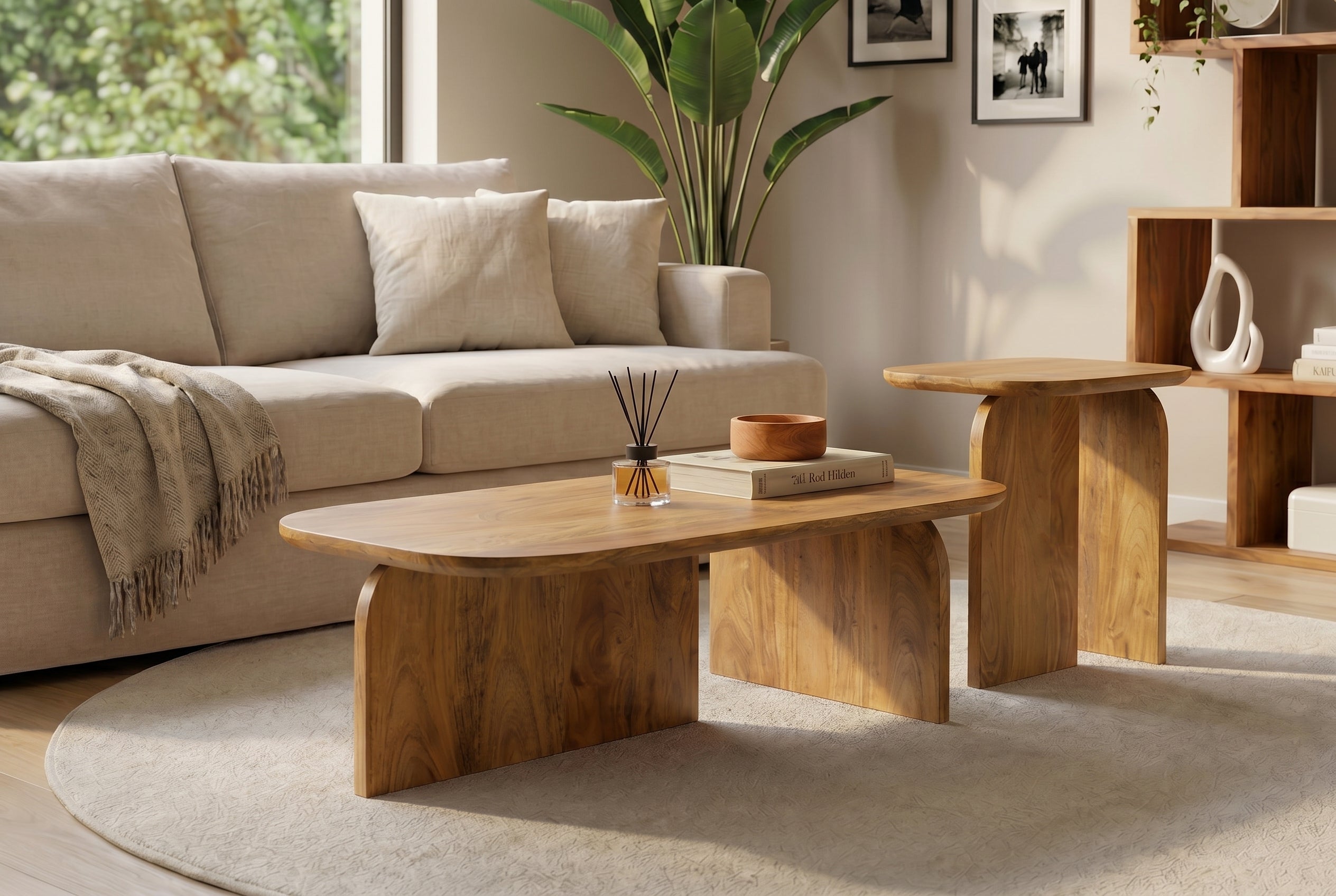 Set de 2 tables basses GATSBY 100 cm en bois de mangue brun, forme organique, table d’appoint