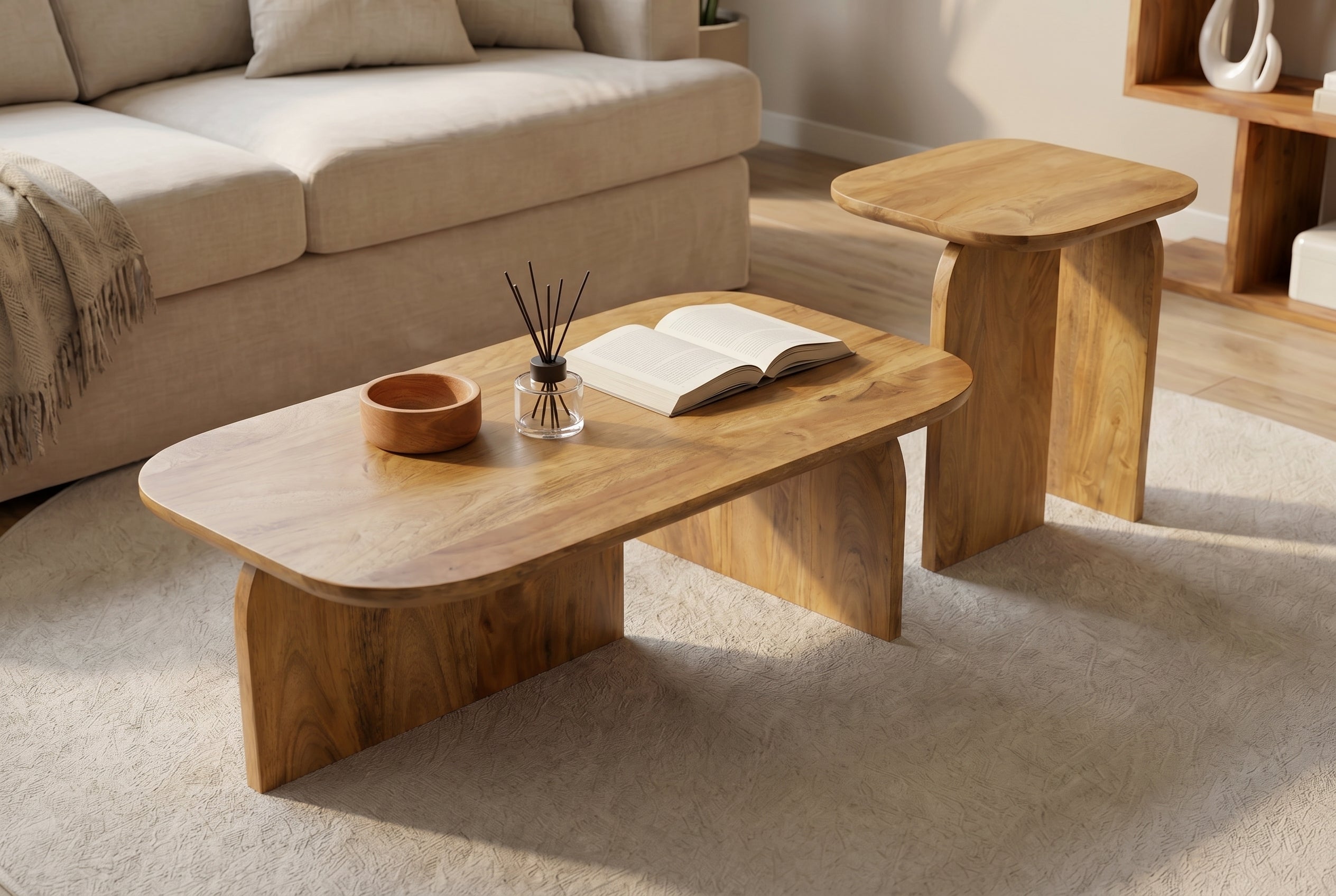 Set de 2 tables basses GATSBY 100 cm en bois de mangue brun, forme organique, table d’appoint