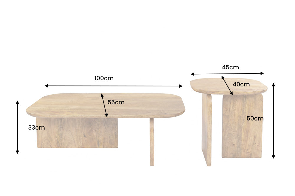 Set de 2 tables basses GATSBY 100 cm en bois de mangue brun, forme organique, table d’appoint